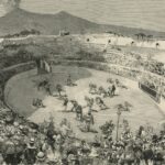 Gladiators fighting in arena with mount vesuvius erupting