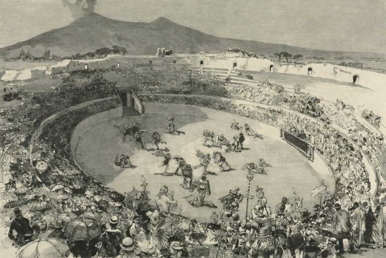 Gladiators fighting in arena with mount vesuvius erupting