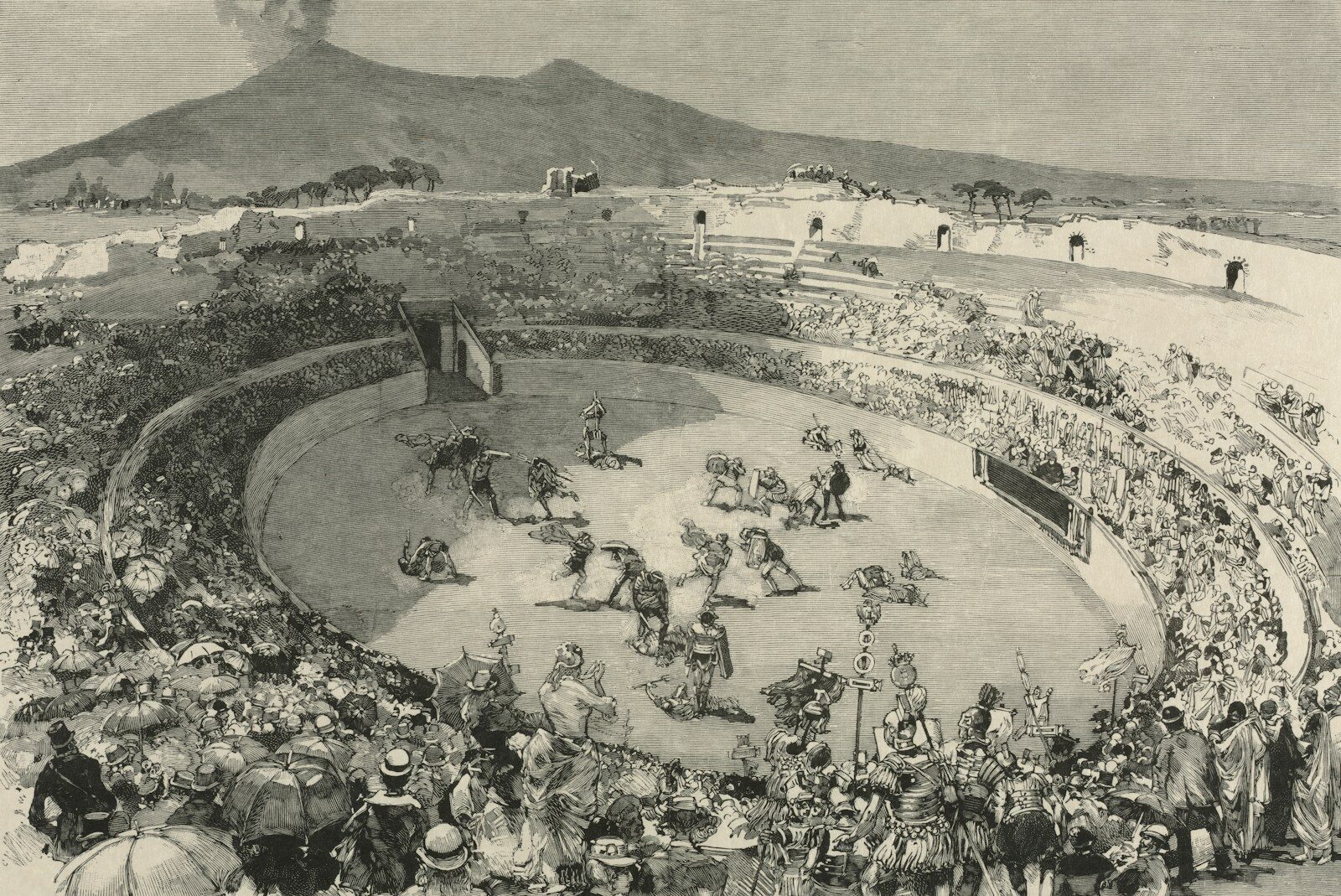 Gladiators fighting in arena with mount vesuvius erupting